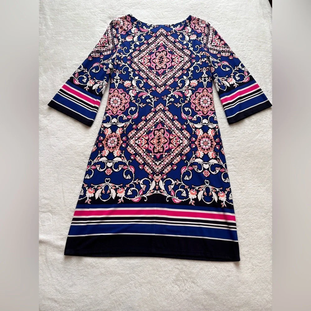 Jessica Howard Elegant Navy and Pink Patterned Shift Dress - Size 8 - Picture 8 of 12
